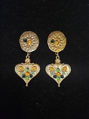 Gold-Tone Heart Drop Earrings with Green and Amber Stones